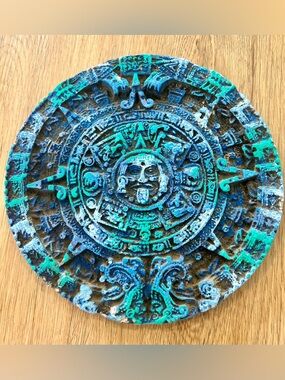 Mayan Aztec Sun Calendar Handmade Crush Malachite Stone Mexican Wall Hang Art 7”